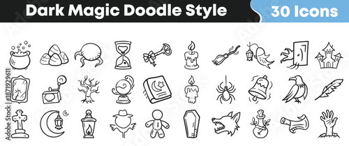 Collection of thirty distinct dark magic doodle style icons featuring classic symbols like cauldrons ghosts and spooky elements