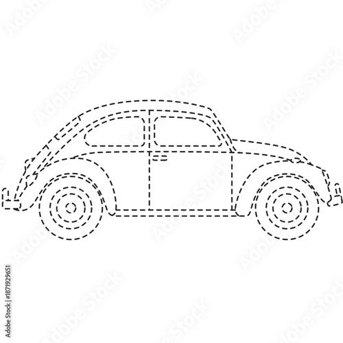 Dotted line art of iconic beetle car for logo design, kids’ apps, or nostalgic automotive content with playful silhouette.