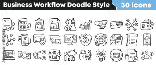 Collection of thirty unique hand drawn doodle style icons representing various aspects of business workflow finance and monetary transactions