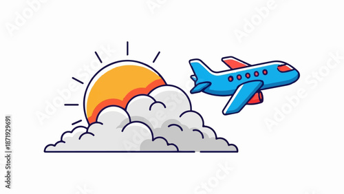 A cartoon blue airplane flies past fluffy clouds and a bright sun
