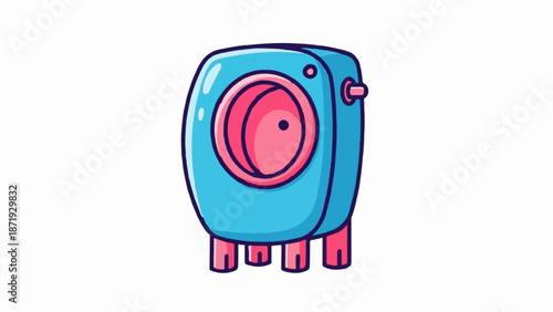 A cartoon blue speaker with pink accents and four legs stands on a white background