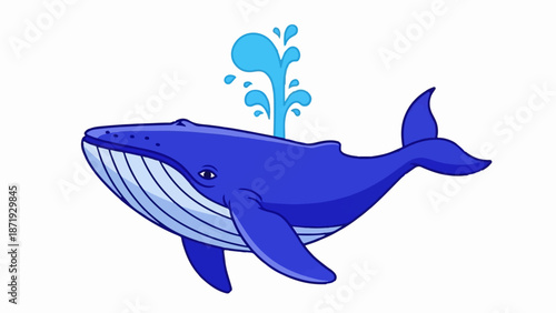 A cartoon blue whale exhales a jet of water upwards, with its tail flukes curved