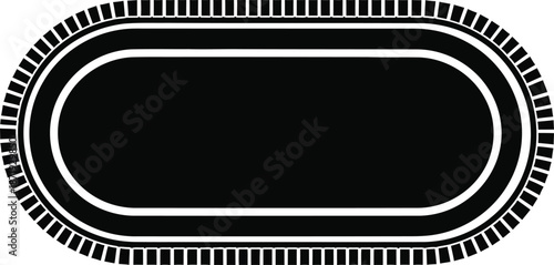 A stylized black and white illustration of an oval doormat or rug against a white background