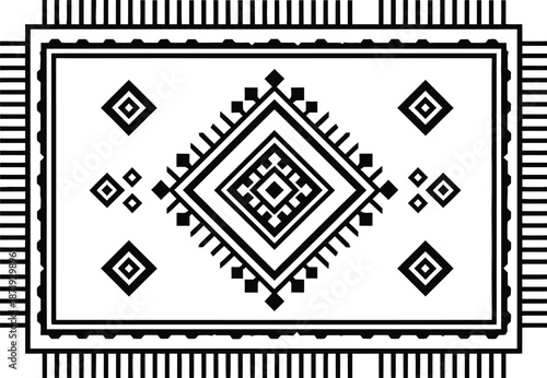 Black and white tribal geometric rug pattern illustration on white background