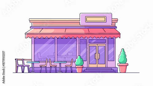 A cartoon building with a pink awning, purple windows, and outdoor seating