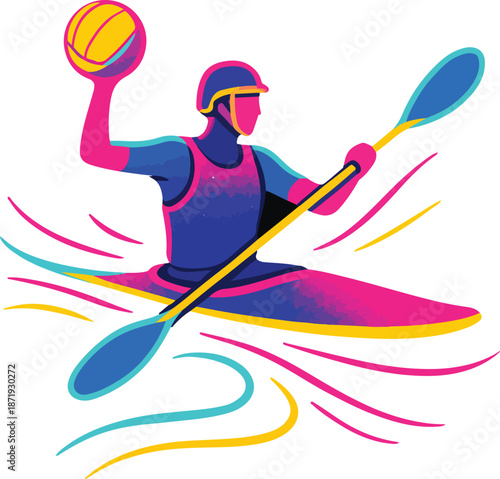 Kayaker with Water Polo Ball and Colorful Swirls kayaking