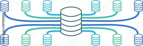 Central database connected to multiple distributed storage units representing data flow and network architecture in a clean vector illustration