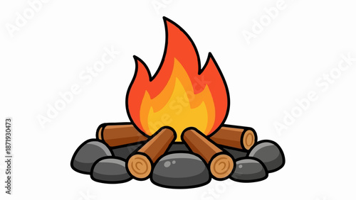 A cartoon campfire with bright flames, logs, and stones