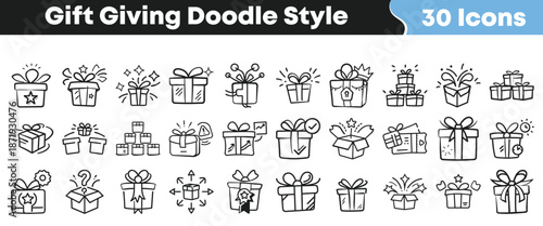 Thirty unique black and white doodle style icons representing various aspects of gift giving celebration surprise and delivery services