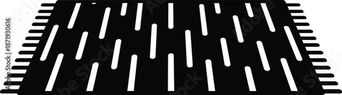 Black and white silhouette icon of a decorative rug with fringe detail and abstract pattern
