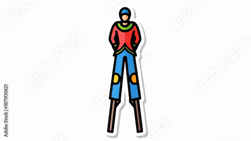A cartoon character stands tall on wooden stilts, dressed in vibrant, colorful attire