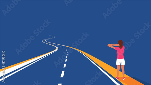 Vector illustration of a woman standing on the side of a road looking at the distant winding path ahead