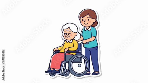A caregiver assists an elderly person in a wheelchair