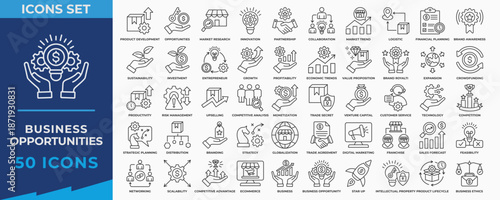 Business opportunities icon collection set. Containing innovation, entrepreneur, investment, market, strategy, networking, product development, technology icon. Simple line vector illustration.