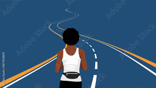 A Woman Jogging on a Winding Road Towards the Horizon - Vector Illustration