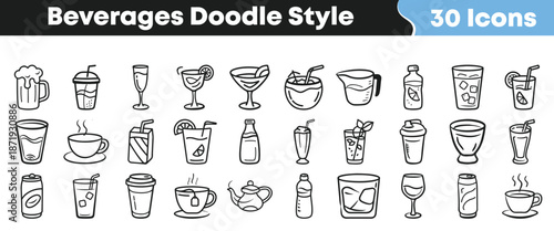 A comprehensive set of thirty hand drawn doodle style icons representing various popular beverages in black and white outlines