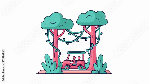 A cart with two people drives through a vibrant jungle with large trees