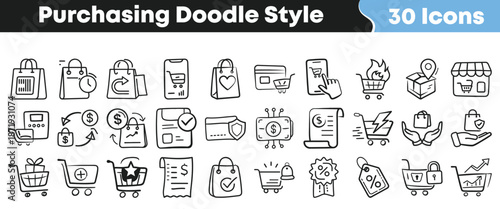 A comprehensive set of thirty hand drawn doodle style icons representing various aspects of online purchasing and retail transactions.