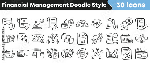 Collection of thirty hand drawn black and white financial management doodle style icons representing various economic concepts and data analysis tools.