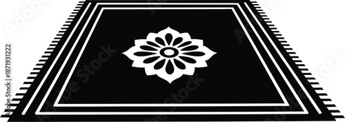 Black and white minimalist icon illustrating a prayer rug with a central floral design