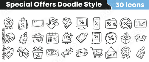 Collection of thirty hand drawn doodle style icons representing various concepts related to special offers discounts and retail sales promotions