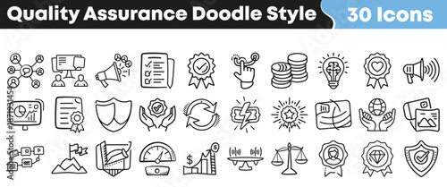 Thirty distinct hand drawn doodle style icons representing quality assurance concepts for business and digital projects