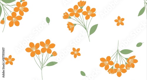 Modern Minimalist Floral Pattern with Scattered Vibrant Orange Wildflowers, Ideal for Spring Backgrounds and Contemporary Textile Designs