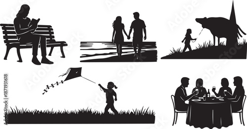 Silhouettes of people enjoying outdoor and social activities together