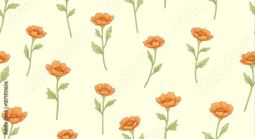 Nature-inspired seamless pattern featuring elegant blooming orange flowers on a soft background, perfect for textiles and decor