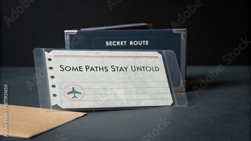Old note card with mysterious message about undiscovered journeys and a sealed envelope on a gray background