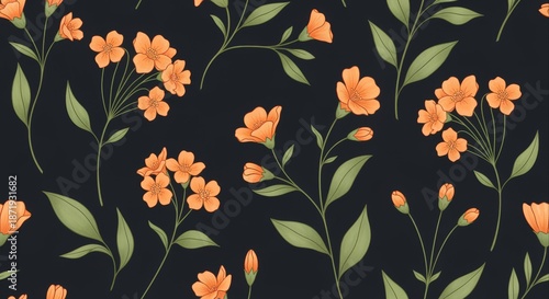 Hand-drawn seamless floral pattern with orange blossoms and green leaves on a dark background