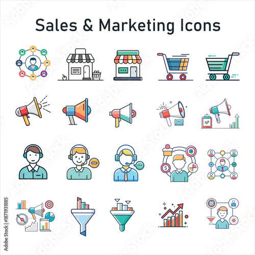 Sales and Marketing Icons. Vector Icons for Business Growth, Advertising, Promotion and Strategy