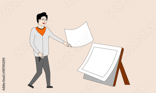 A man is holding a piece of paper and throwing it at a white board