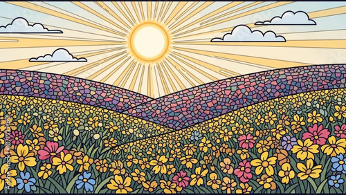 Vibrant colorful flower field landscape with sunny sky and clouds at sunrise or sunset with rolling hills and mosaic texture with nature and outdoors