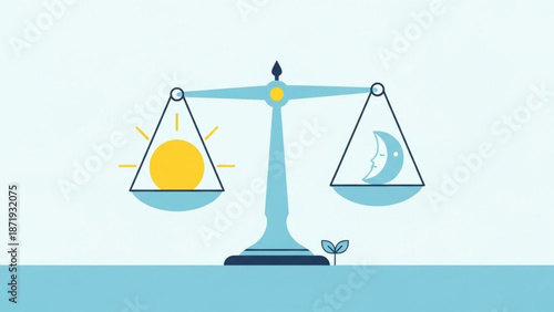 A blue scale balancing a yellow sun with rays on one side and a blue crescent moon on the other on a white background with balance and symbol