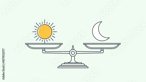 A delicate balance between the sun and moon on a scale with a pastel background with crescent moon and line drawing and equilibrium and symbolic