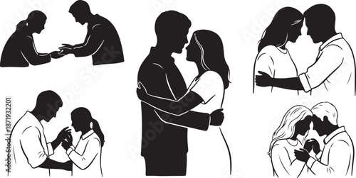 Silhouette illustrations of couples in loving embrace and tender moments