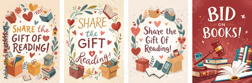 Book fair auction creative poster bold greeting featuring gifts and reading
