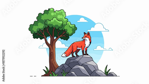 A cartoon fox stands alert on a gray rock under a tree with green leaves, against a blue sky