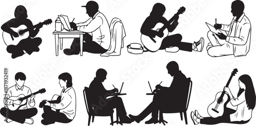 Silhouettes of musicians playing various instruments together