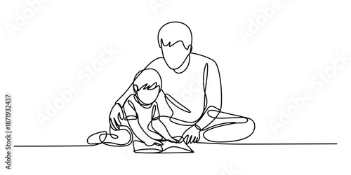 Continuous line art illustrating a parent and child sharing a quiet reading moment together Vector, illustration
