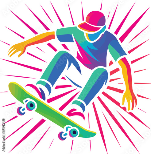 Skateboarder performing a trick with colorful abstract background Keywords: skateboarding