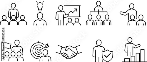 Teamwork and leadership icons set. Business collaboration, management strategy and people development outline symbols
