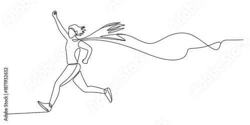 A continuous line art drawing of a superhero person running with a flowing cape and raised fist Vector, illustration