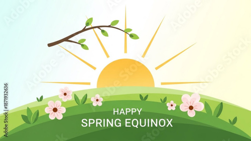 Vibrant spring equinox scene with blooming flowers and sunrise over green hill with happy spring and new beginnings and renewal and growth and nature