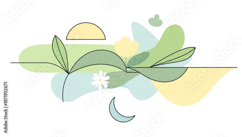 A serene and peaceful abstract illustration of a blooming flower with leaves and a crescent moon under a sunny sky with soft green and yellow shapes on a white background