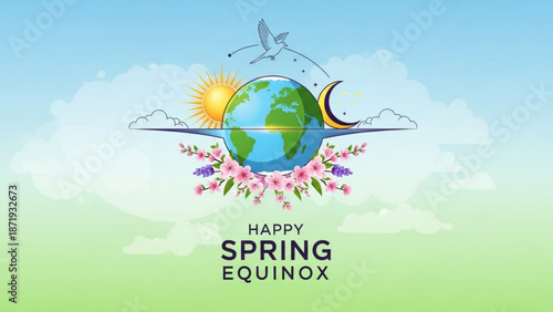 Vibrant spring equinox celebration with earth globe flowers sun moon and birds in flight on a cloudy sky background with earth day and sustainability
