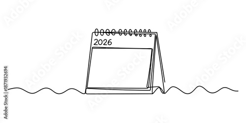 A continuous single line drawing of a desk calendar with the year 2026 displayed Vector, illustration
