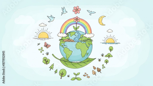 Earth surrounded by leaves flowers butterflies birds rainbow and sunny sky with clouds and crescent moon eco friendly symbol with ecology and environment
