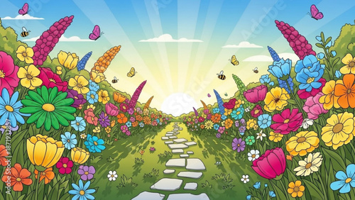 Colorful vibrant flower garden pathway with butterflies and bees on a sunny day with blue sky and white clouds with butterfly and nature and outdoor